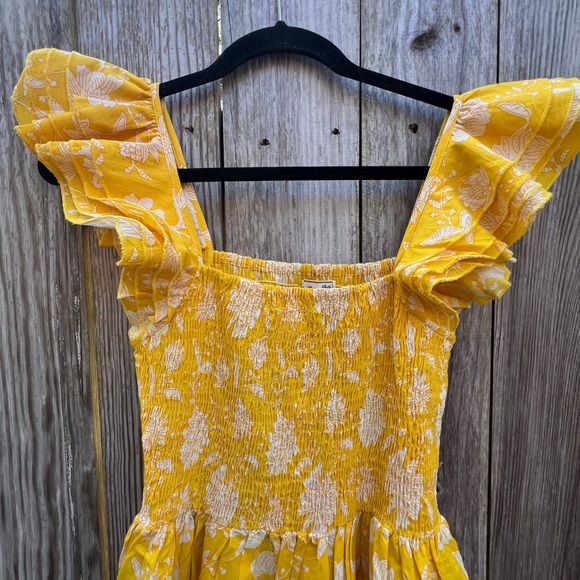 MILLE Bea Yellow and white Ruffle Sleeve Smocked Bodice Mini Dress Women’s Small - Picture 5 of 11